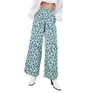 NASTY GAL Green White Daisy Floral Print Palazzo Pants Wide Leg Retro 70s SMALL